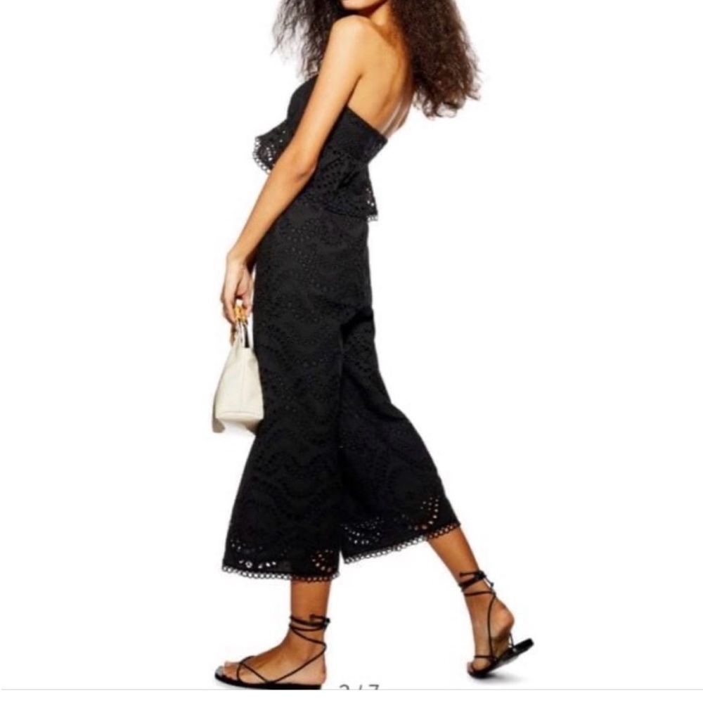 Topshop Broderie Anglaise Black Eyelet Strapless Wide-Leg Jumpsuit sz 10 prelove
